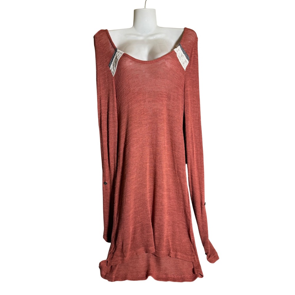 Terracotta Rust Knit Tunic Top Strappy Back Roll Tab Sleeve Crochet Trim